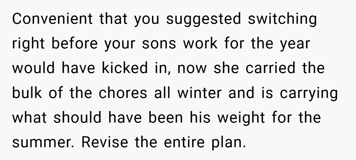 Convenient that you suggested switching right before your sons work for the year would have kicked in, now she carried the bulk of the chores all winter and is carrying...