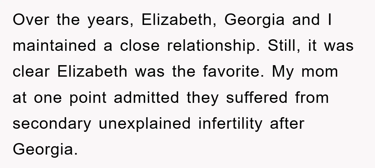 Over the years, Elizabeth, Georgia and I maintained a close relationship. Still, it was clear Elizabeth was the favorite. My mom at one point admitted they suffered from secondary unexplained...