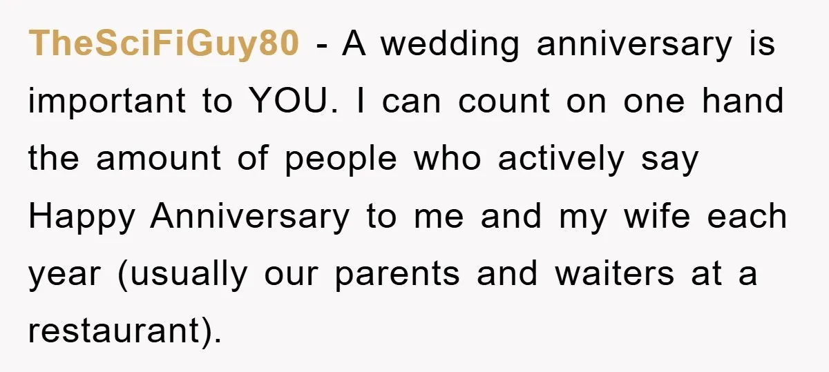 TheSciFiGuy80 − A wedding anniversary is important to YOU. I can count on one hand the amount of people who actively say Happy Anniversary to me and my wife each...