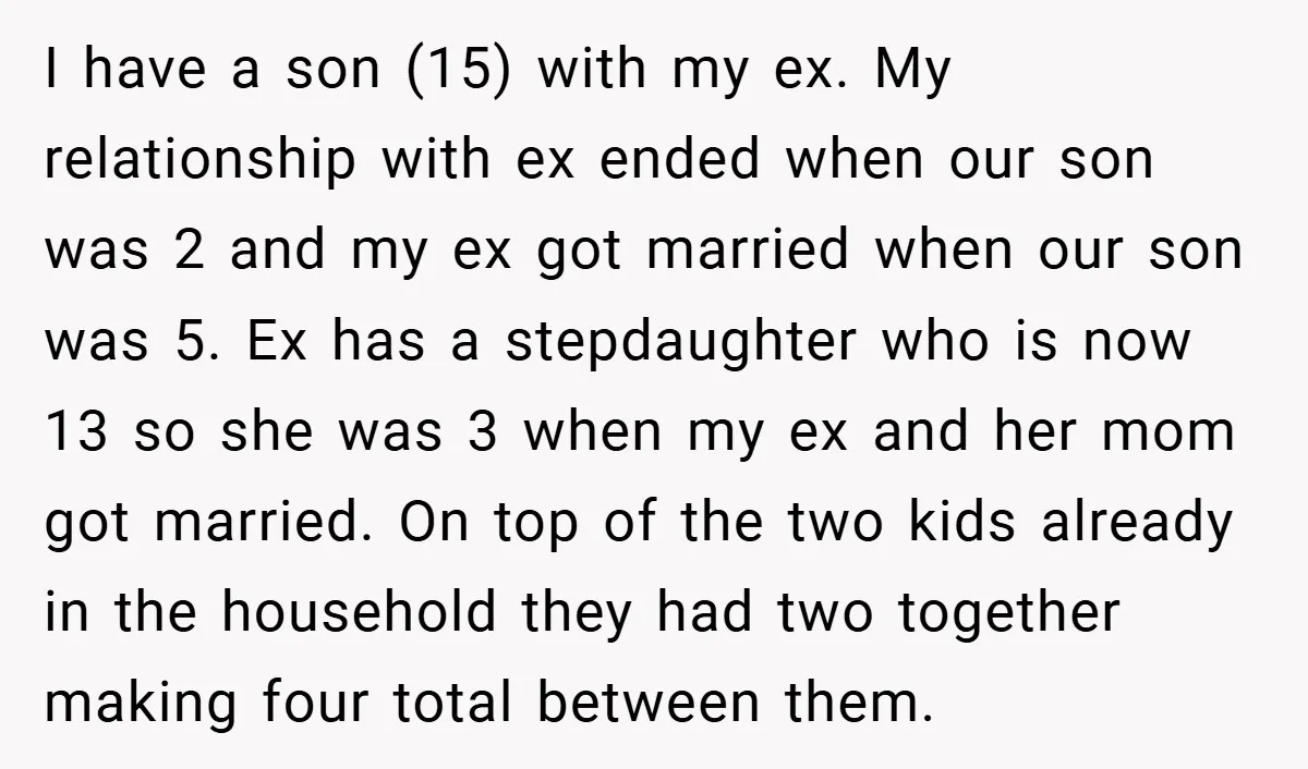 I have a son (15) with my ex. My relationship with ex ended when our son was 2 and my ex got married when our son was 5. Ex has...