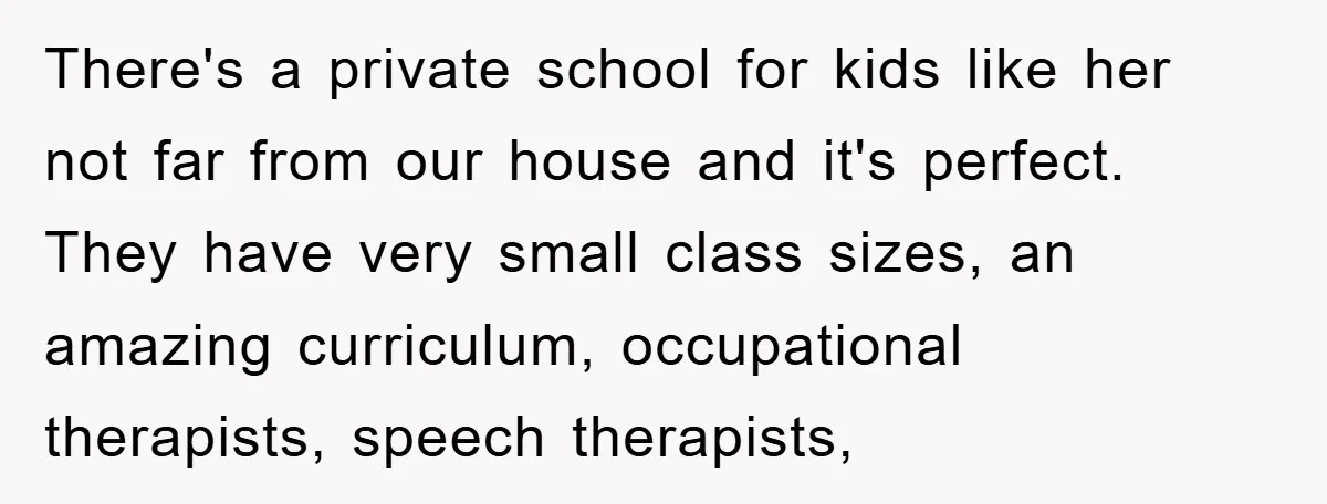 There's a private school for kids like her not far from our house and it's perfect. They have very small class sizes, an amazing curriculum, occupational therapists, speech therapists,