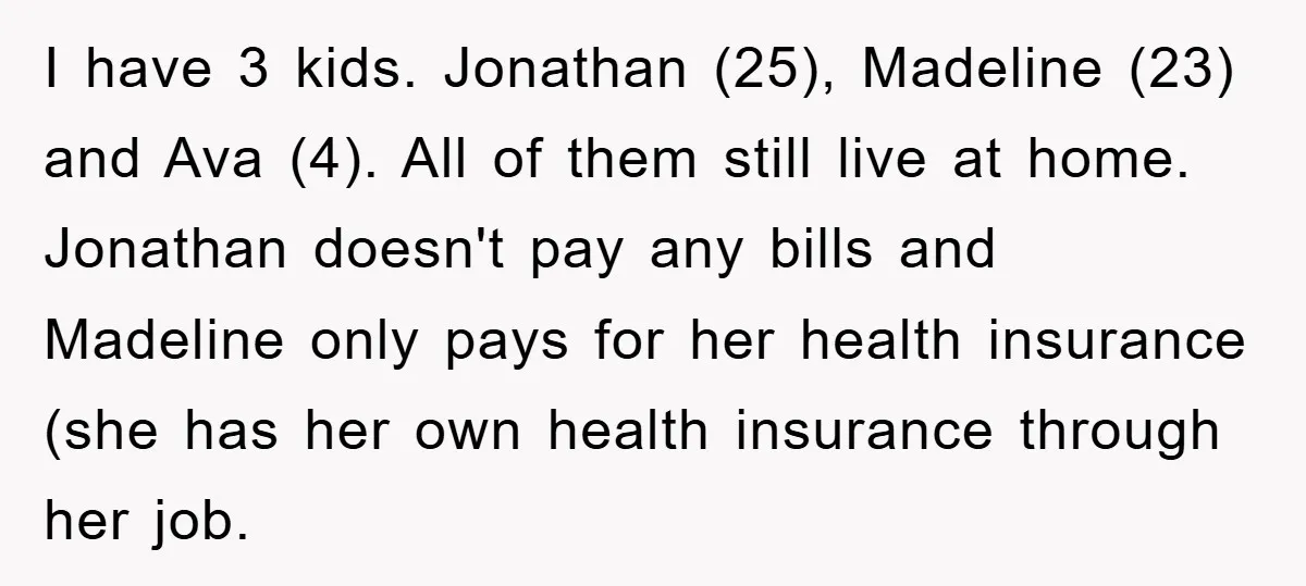 I have 3 kids. Jonathan (25), Madeline (23) and Ava (4). All of them still live at home. Jonathan doesn't pay any bills and Madeline only pays for her health...