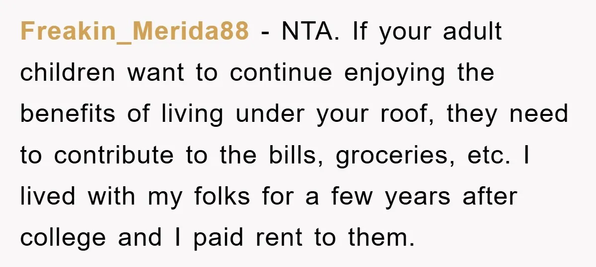 Freakin_Merida88 − NTA. If your adult children want to continue enjoying the benefits of living under your roof, they need to contribute to the bills, groceries, etc. I lived with...