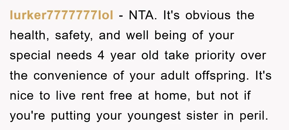 lurker7777777lol − NTA. It's obvious the health, safety, and well being of your special needs 4 year old take priority over the convenience of your adult offspring. It's nice to...