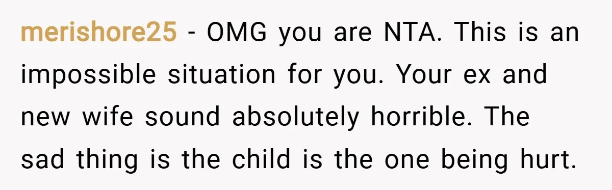 merishore25 − OMG you are NTA. This is an impossible situation for you. Your ex and new wife sound absolutely horrible. The sad thing is the child is the one...