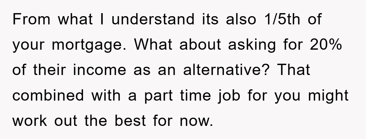 From what I understand its also 1/5th of your mortgage. What about asking for 20% of their income as an alternative? That combined with a part time job for you...