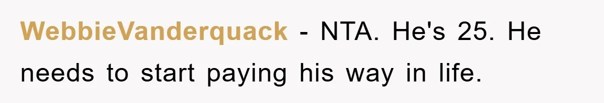WebbieVanderquack − NTA. He's 25. He needs to start paying his way in life.