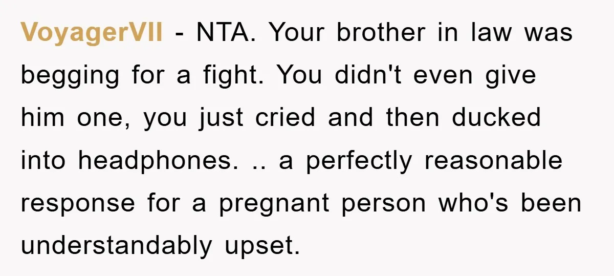 VoyagerVII − NTA. Your brother in law was begging for a fight. You didn't even give him one, you just cried and then ducked into headphones. .. a perfectly reasonable...