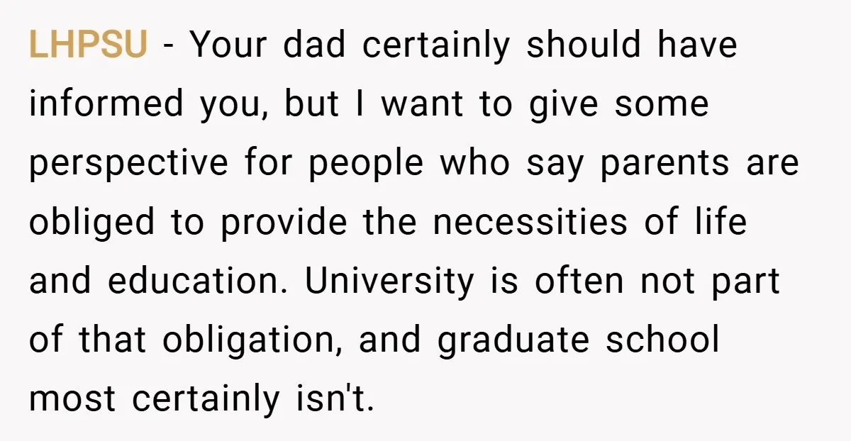 LHPSU − Your dad certainly should have informed you, but I want to give some perspective for people who say parents are obliged to provide the necessities of life and...