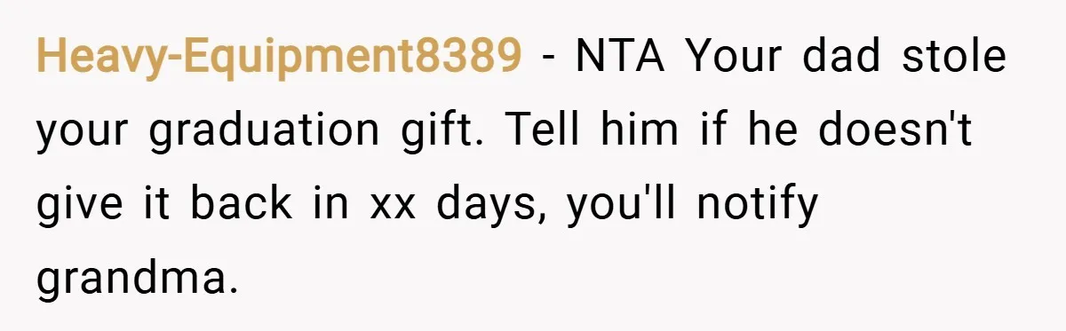 Heavy-Equipment8389 − NTA Your dad stole your graduation gift. Tell him if he doesn't give it back in xx days, you'll notify grandma.