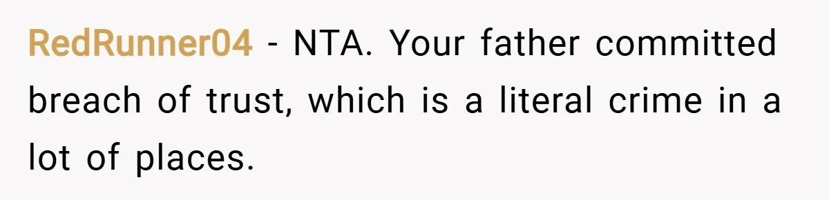 RedRunner04 − NTA. Your father committed breach of trust, which is a literal crime in a lot of places.