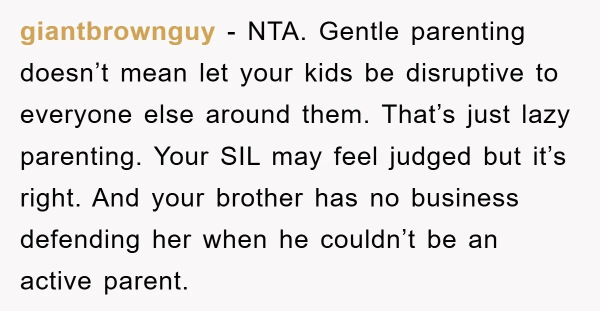 giantbrownguy − NTA. Gentle parenting doesn’t mean let your kids be disruptive to everyone else around them. That’s just lazy parenting. Your SIL may feel judged but it’s right. And...