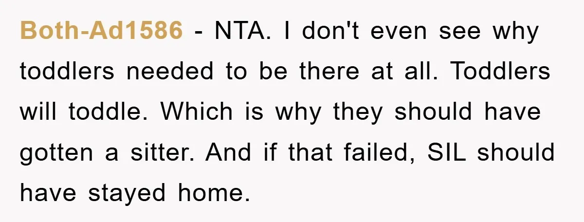 Both-Ad1586 − NTA. I don't even see why toddlers needed to be there at all. Toddlers will toddle. Which is why they should have gotten a sitter. And if that...