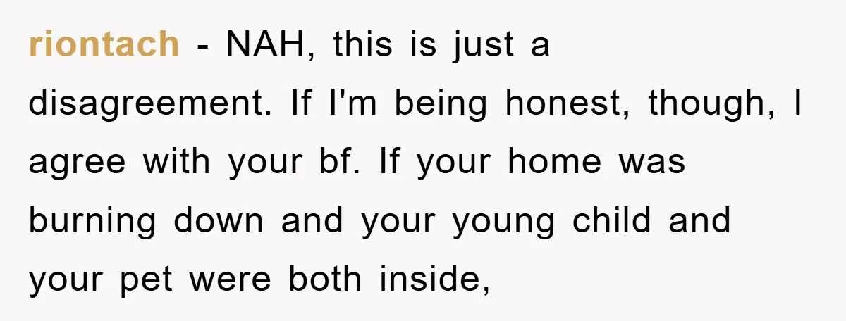 riontach − NAH, this is just a disagreement. If I'm being honest, though, I agree with your bf. If your home was burning down and your young child and your...