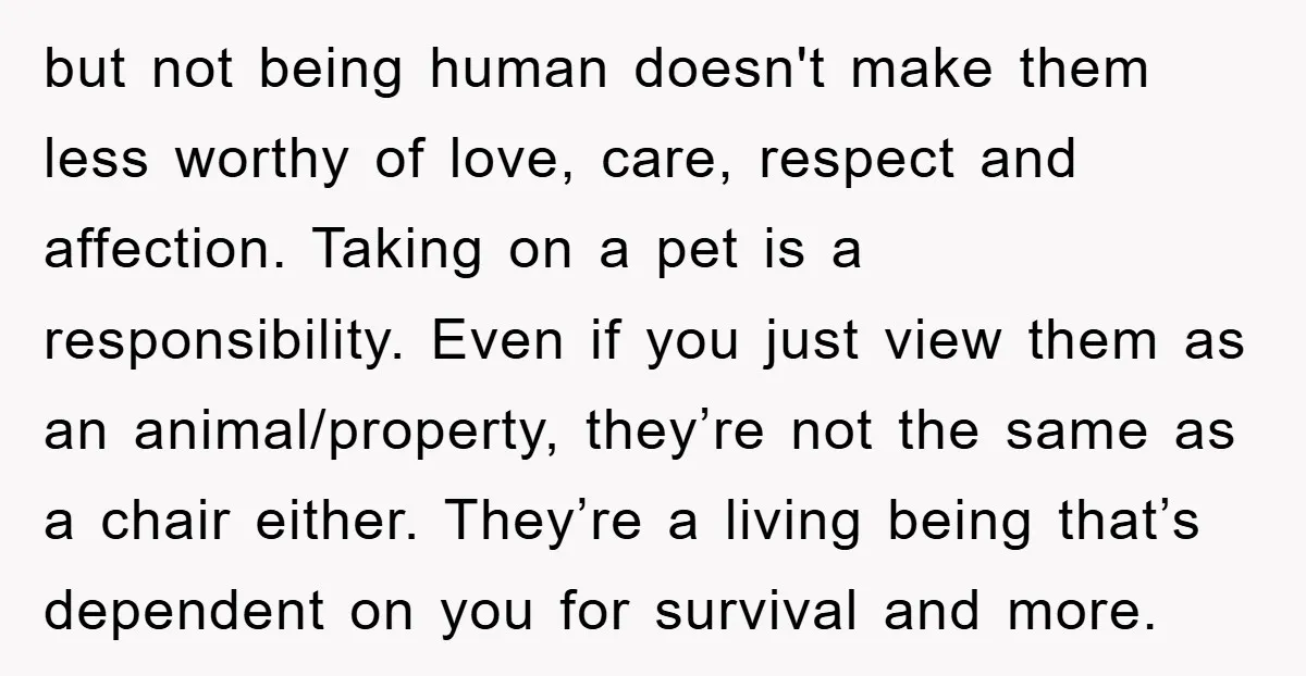 but not being human doesn't make them less worthy of love, care, respect and affection. Taking on a pet is a responsibility. Even if you just view them as an...