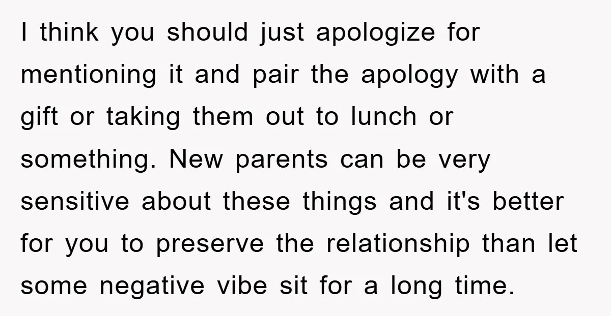 I think you should just apologize for mentioning it and pair the apology with a gift or taking them out to lunch or something. New parents can be very sensitive...