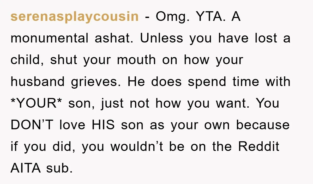 serenasplaycousin − Omg. YTA. A monumental ashat. Unless you have lost a child, shut your mouth on how your husband grieves. He does spend time with *YOUR* son, just not...