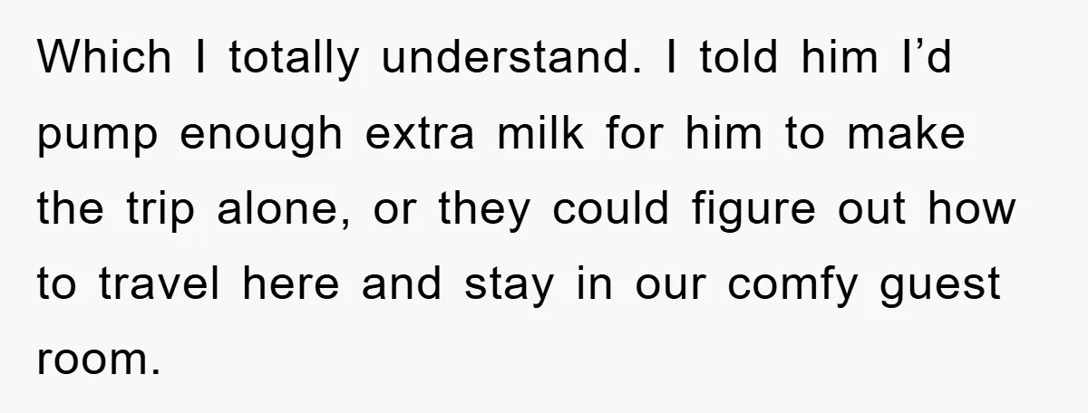 Which I totally understand. I told him I’d pump enough extra milk for him to make the trip alone, or they could figure out how to travel here and stay...