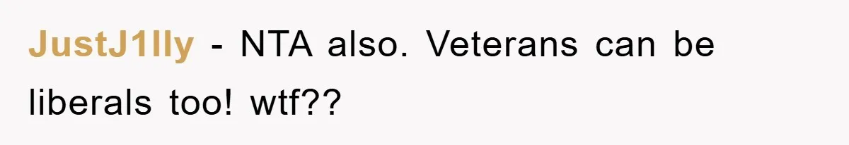 JustJ1lly − NTA also. Veterans can be liberals too! wtf??
