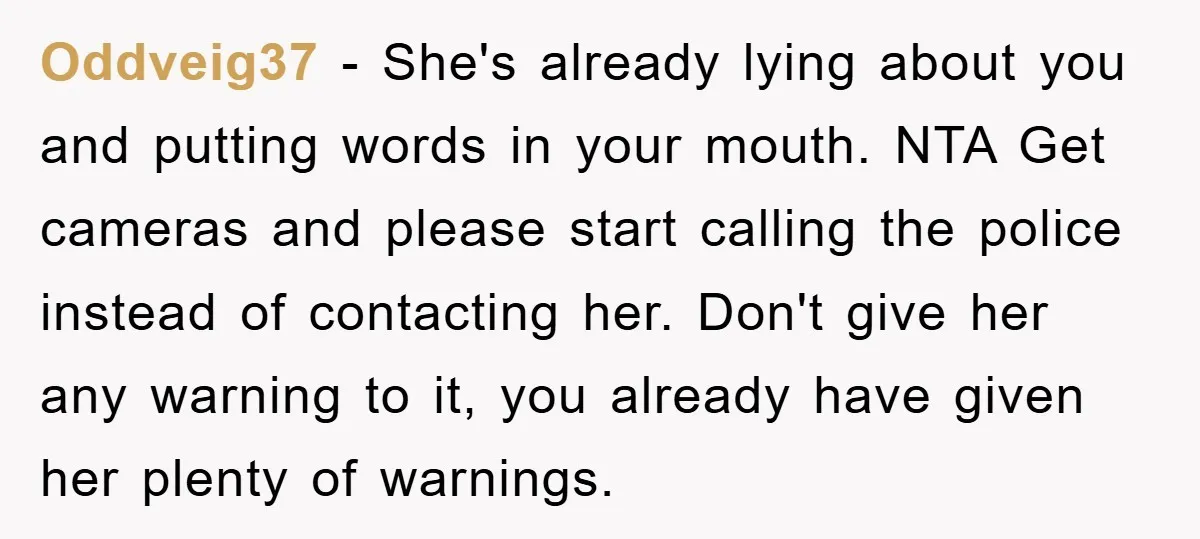 Oddveig37 − She's already lying about you and putting words in your mouth. NTA Get cameras and please start calling the police instead of contacting her. Don't give her any...