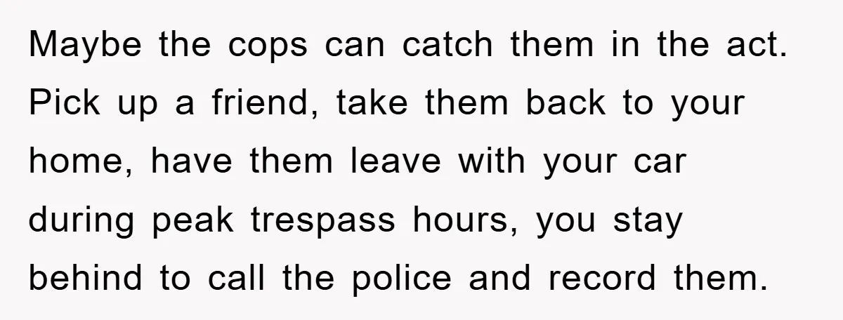 Maybe the cops can catch them in the act. Pick up a friend, take them back to your home, have them leave with your car during peak trespass hours, you...