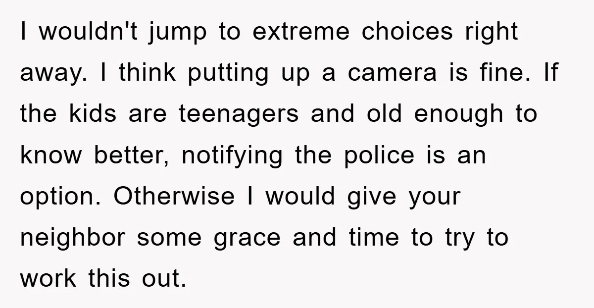 I wouldn't jump to extreme choices right away. I think putting up a camera is fine. If the kids are teenagers and old enough to know better, notifying the police...