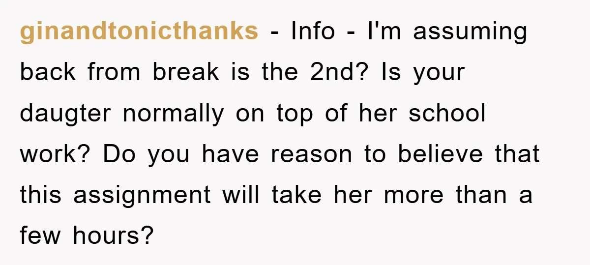 ginandtonicthanks − Info - I'm assuming back from break is the 2nd? Is your daugter normally on top of her school work? Do you have reason to believe that this...