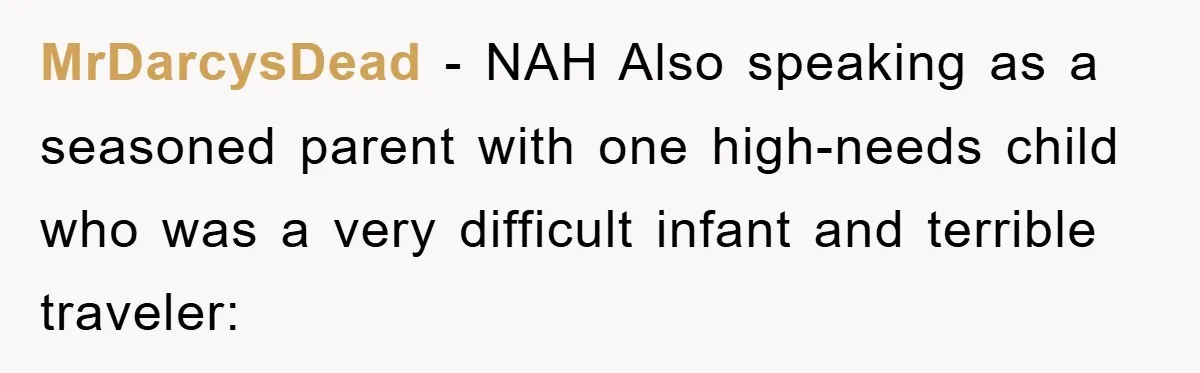 MrDarcysDead − NAH Also speaking as a seasoned parent with one high-needs child who was a very difficult infant and terrible traveler: