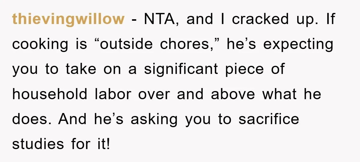 thievingwillow − NTA, and I cracked up. If cooking is “outside chores,” he’s expecting you to take on a significant piece of household labor over and above what he does....