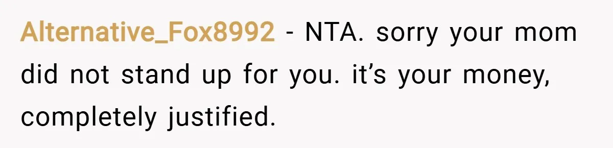 Alternative_Fox8992 − NTA. sorry your mom did not stand up for you. it’s your money, completely justified.