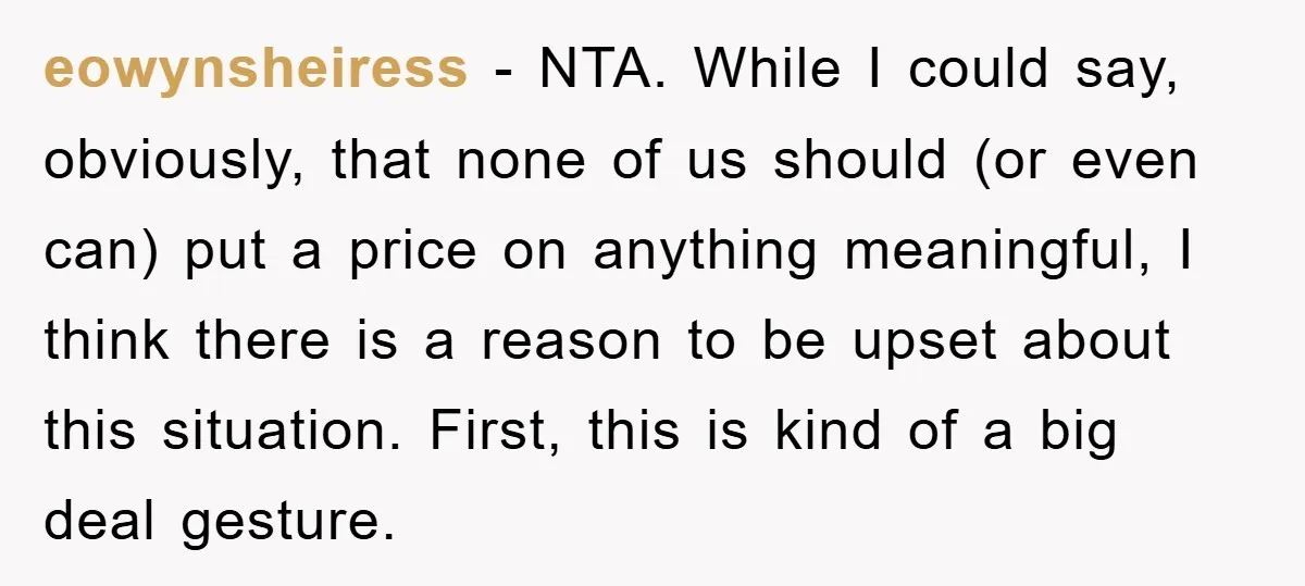 eowynsheiress − NTA. While I could say, obviously, that none of us should (or even can) put a price on anything meaningful, I think there is a reason to be...