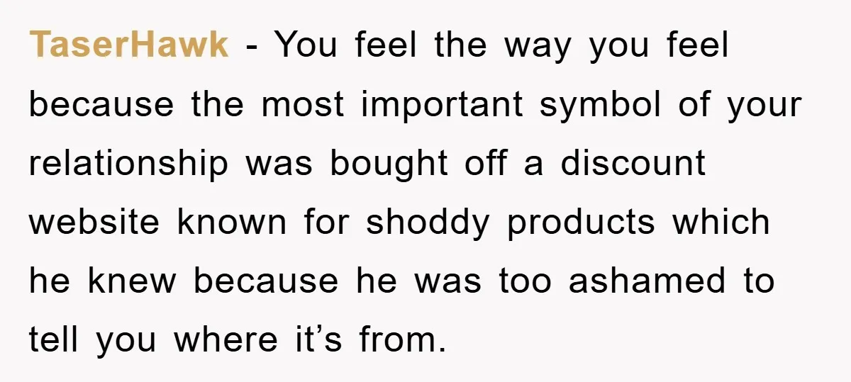 TaserHawk − You feel the way you feel because the most important symbol of your relationship was bought off a discount website known for shoddy products which he knew because...