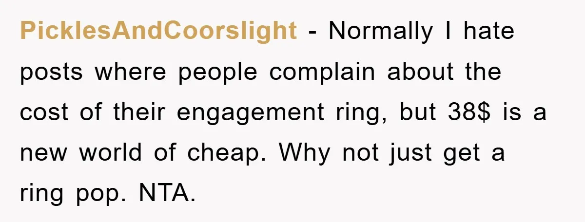 PicklesAndCoorslight − Normally I hate posts where people complain about the cost of their engagement ring, but 38$ is a new world of cheap. Why not just get a ring...