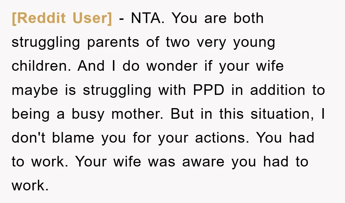 [Reddit User] − NTA. You are both struggling parents of two very young children. And I do wonder if your wife maybe is struggling with PPD in addition to being...