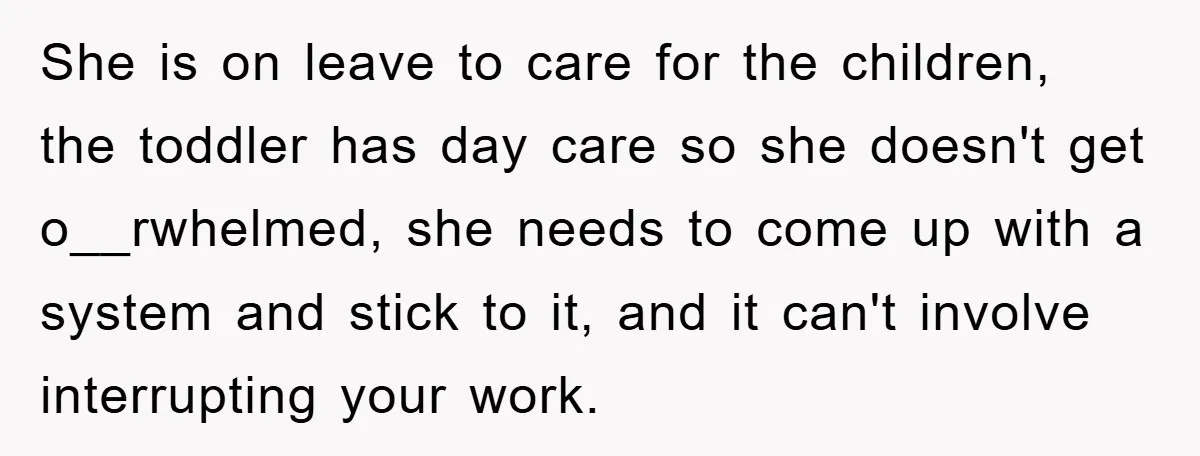 She is on leave to care for the children, the toddler has day care so she doesn't get o__rwhelmed, she needs to come up with a system and stick to...