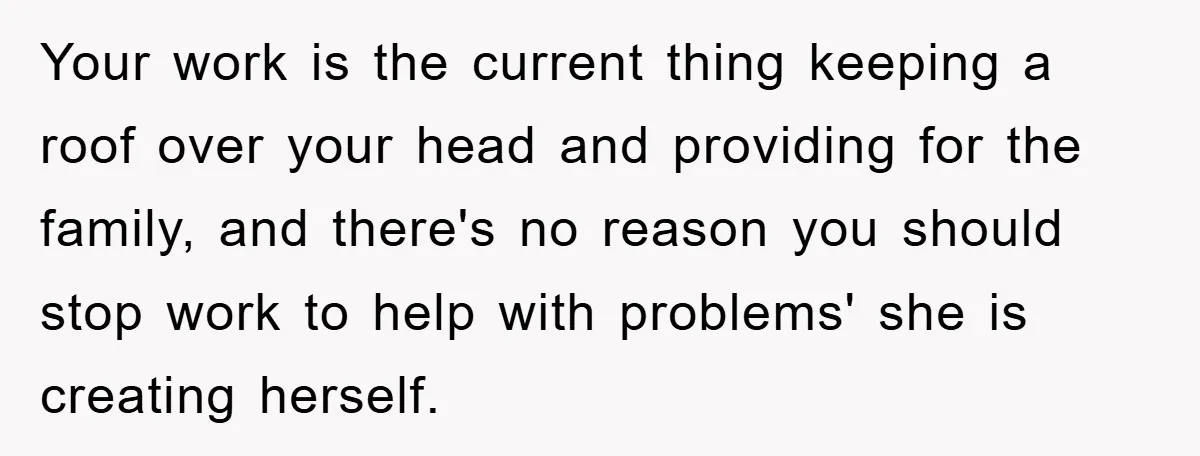 Your work is the current thing keeping a roof over your head and providing for the family, and there's no reason you should stop work to help with problems' she...
