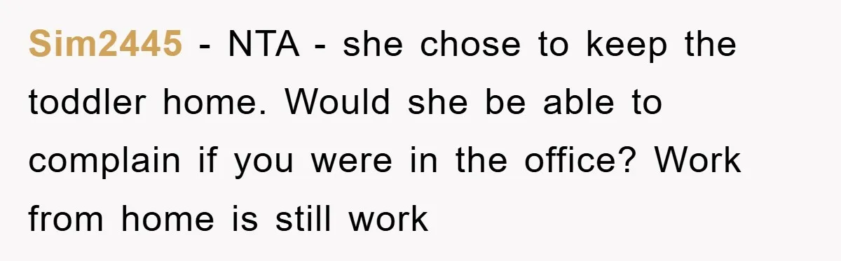 Sim2445 − NTA - she chose to keep the toddler home. Would she be able to complain if you were in the office? Work from home is still work