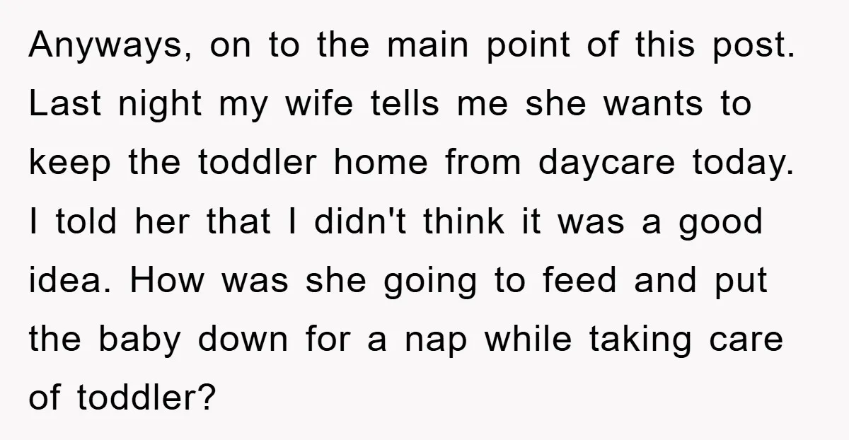 Anyways, on to the main point of this post. Last night my wife tells me she wants to keep the toddler home from daycare today. I told her that I...