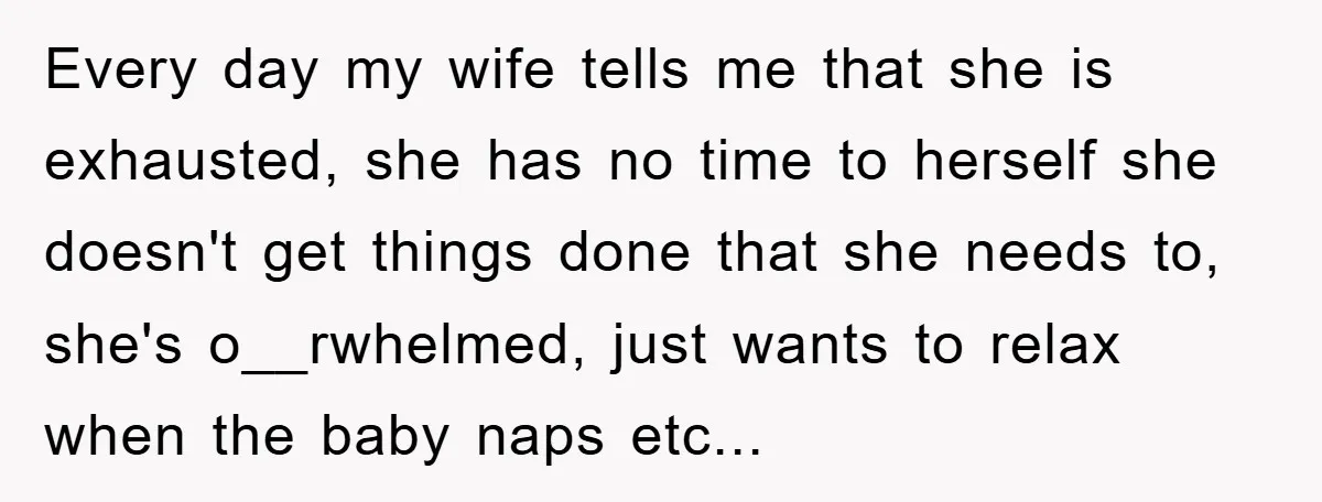 Every day my wife tells me that she is exhausted, she has no time to herself she doesn't get things done that she needs to, she's o__rwhelmed, just wants to...