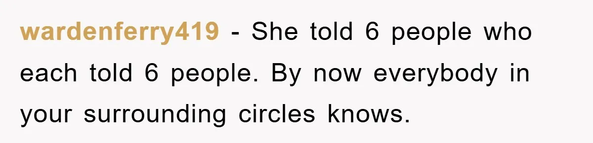 wardenferry419 − She told 6 people who each told 6 people. By now everybody in your surrounding circles knows.