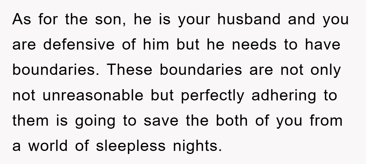 As for the son, he is your husband and you are defensive of him but he needs to have boundaries. These boundaries are not only not unreasonable but perfectly adhering...