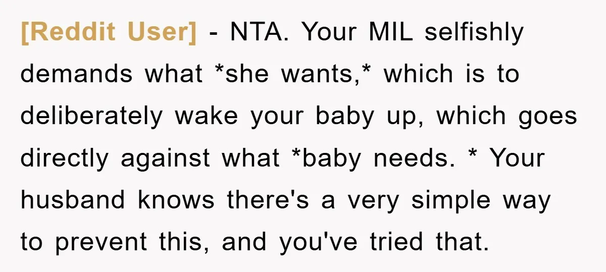 [Reddit User] − NTA. Your MIL selfishly demands what *she wants,* which is to deliberately wake your baby up, which goes directly against what *baby needs. * Your husband knows...