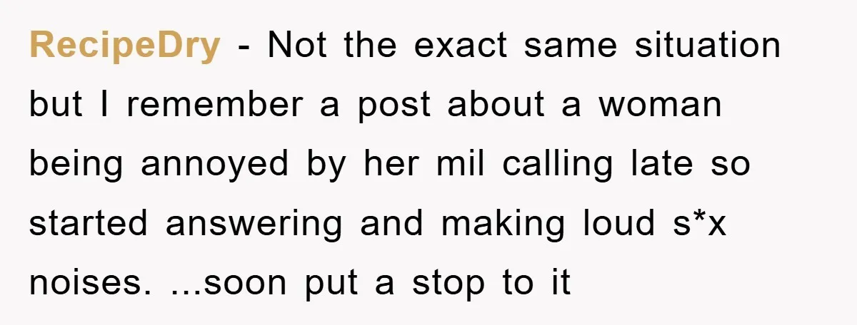 RecipeDry − Not the exact same situation but I remember a post about a woman being annoyed by her mil calling late so started answering and making loud s*x noises....