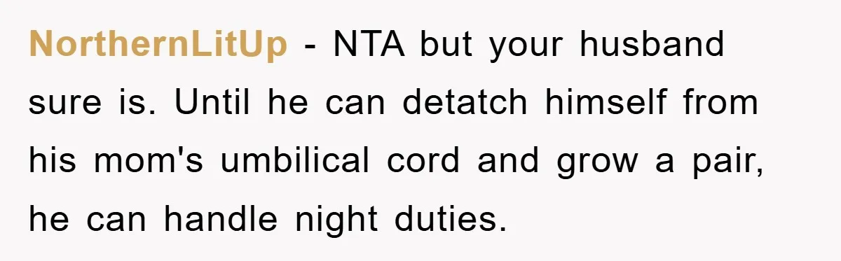 NorthernLitUp − NTA but your husband sure is. Until he can detatch himself from his mom's umbilical cord and grow a pair, he can handle night duties.