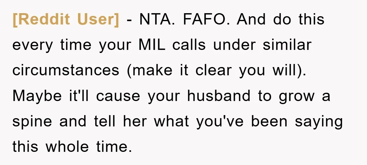 [Reddit User] − NTA. FAFO. And do this every time your MIL calls under similar circumstances (make it clear you will). Maybe it'll cause your husband to grow a spine...