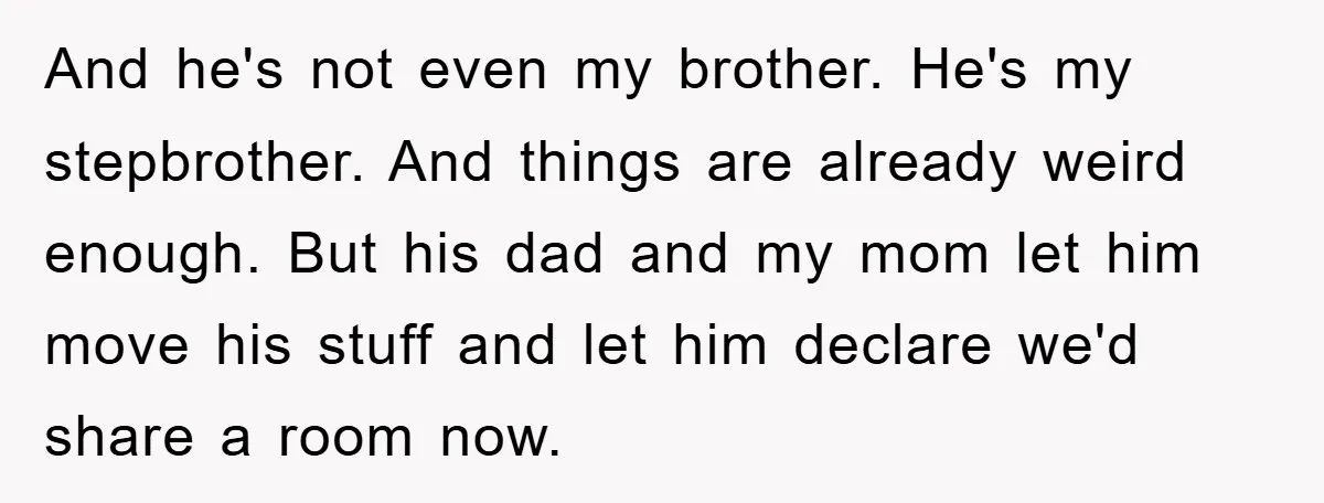 And he's not even my brother. He's my stepbrother. And things are already weird enough. But his dad and my mom let him move his stuff and let him declare...