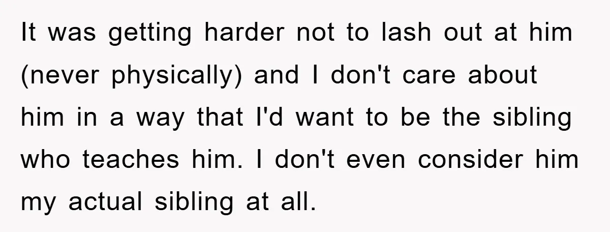 It was getting harder not to lash out at him (never physically) and I don't care about him in a way that I'd want to be the sibling who teaches...