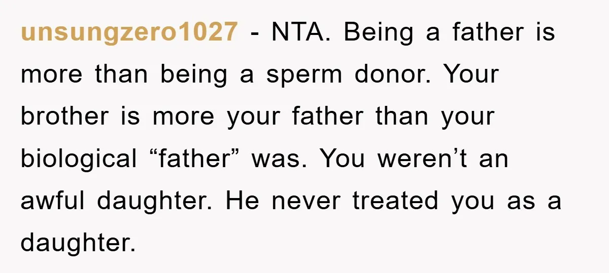 unsungzero1027 − NTA. Being a father is more than being a sperm donor. Your brother is more your father than your biological “father” was. You weren’t an awful daughter. He...