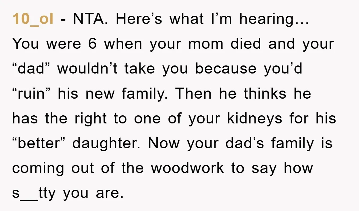 10_ol − NTA. Here’s what I’m hearing… You were 6 when your mom died and your “dad” wouldn’t take you because you’d “ruin” his new family. Then he thinks he...