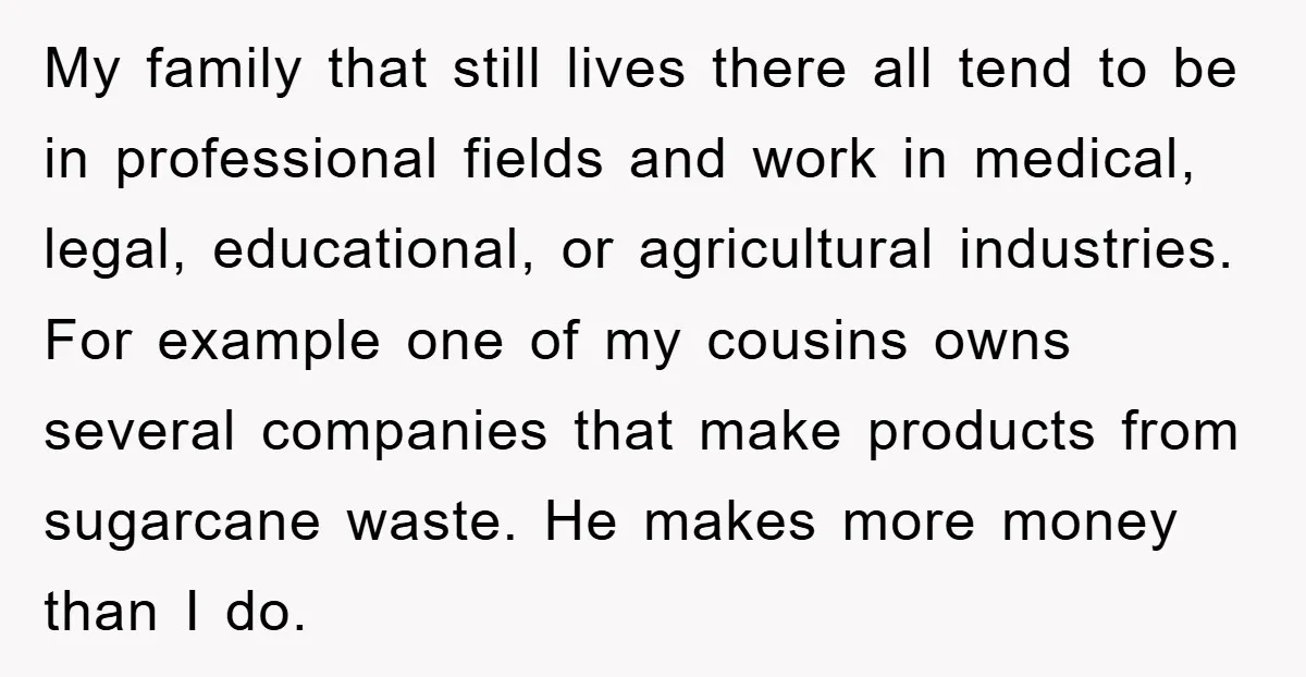 My family that still lives there all tend to be in professional fields and work in medical, legal, educational, or agricultural industries. For example one of my cousins owns several...